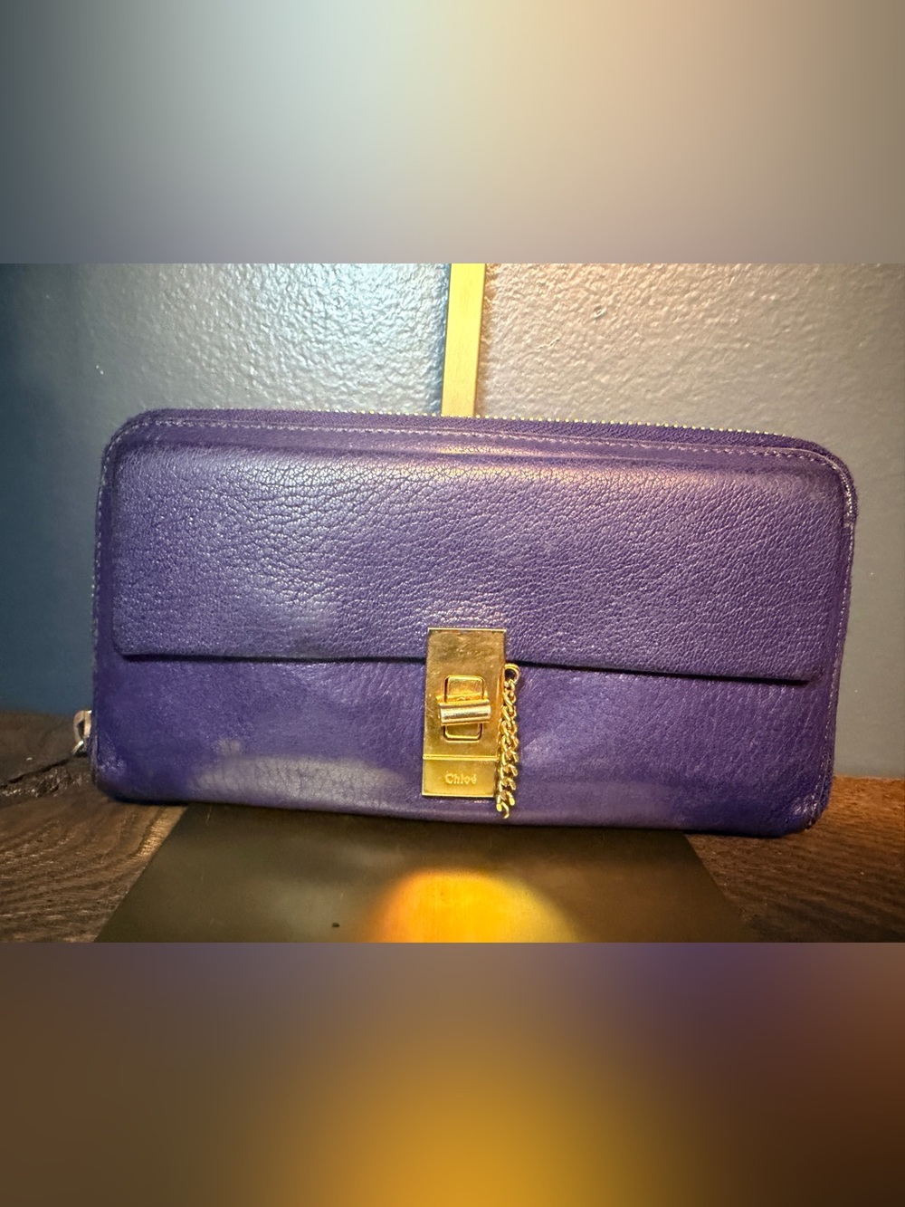 Chloe Purple Drew Leather Wallet with Gold Chain Accent
